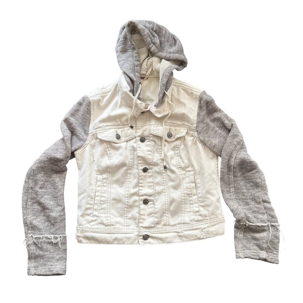 Free People Womens Cropped White Denim Jacket With Gray Knit Sleeves & Hood Butt